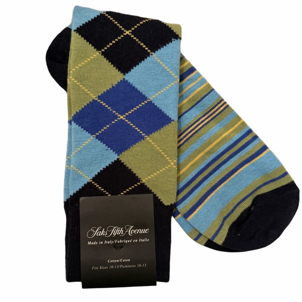 Saks Fifth Avenue Men’s Dress Socks Argyle & Stripe Blue Green Made in Italy